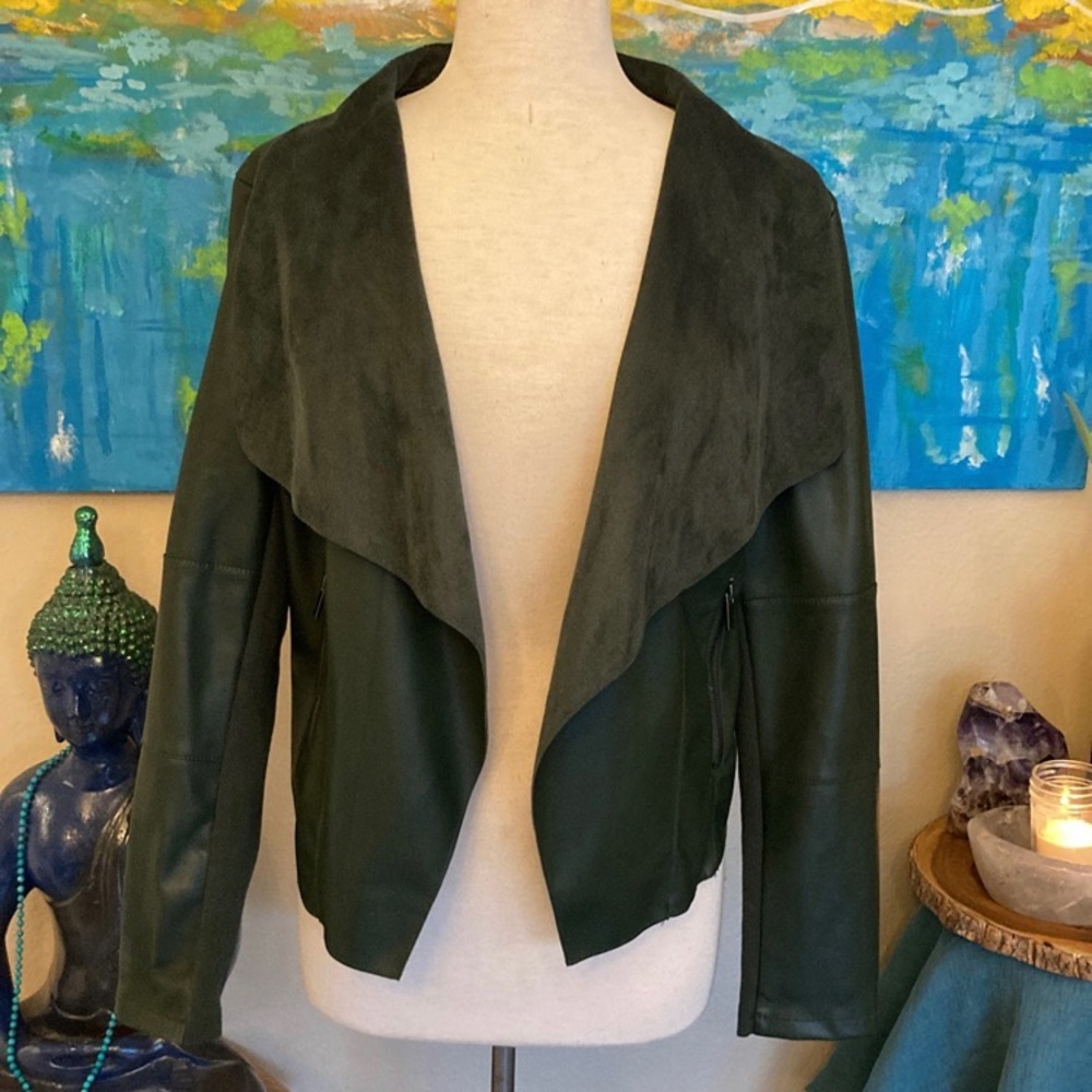Dark green drop collar suede cardigan jacket